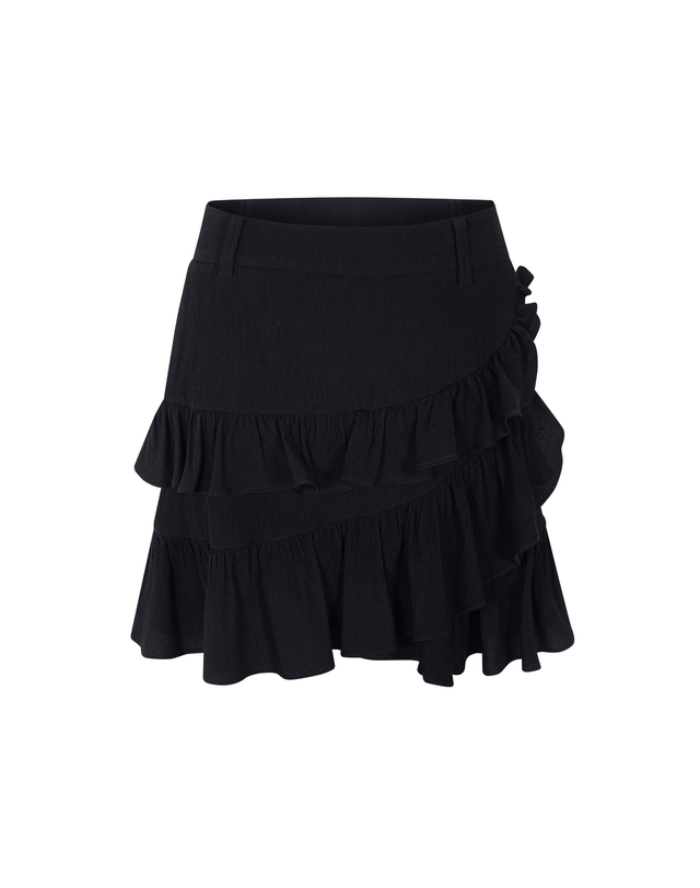 더블플래그 여성 [Micro Pleats] 블랙 여성 Micro Pleats 셔링 디테일 프릴 스커트 착용컷