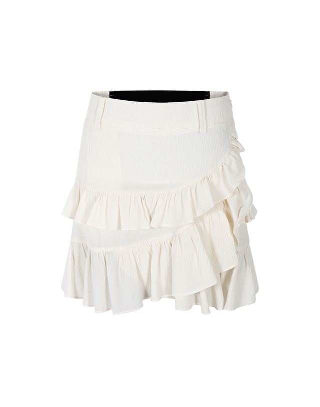 더블플래그 여성 [Micro Pleats] 아이보리 여성 Micro Pleats 셔링 디테일 프릴 스커트 착용컷