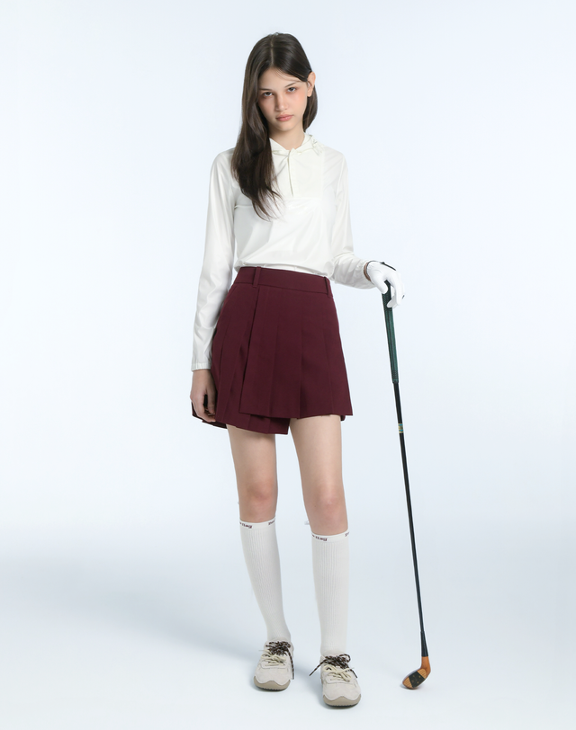 더블플래그 여성 [쇼핑백동봉][TREND PICK] 와인 여성 레이어드 모션 플리츠 스커트 진한 레드 착용컷