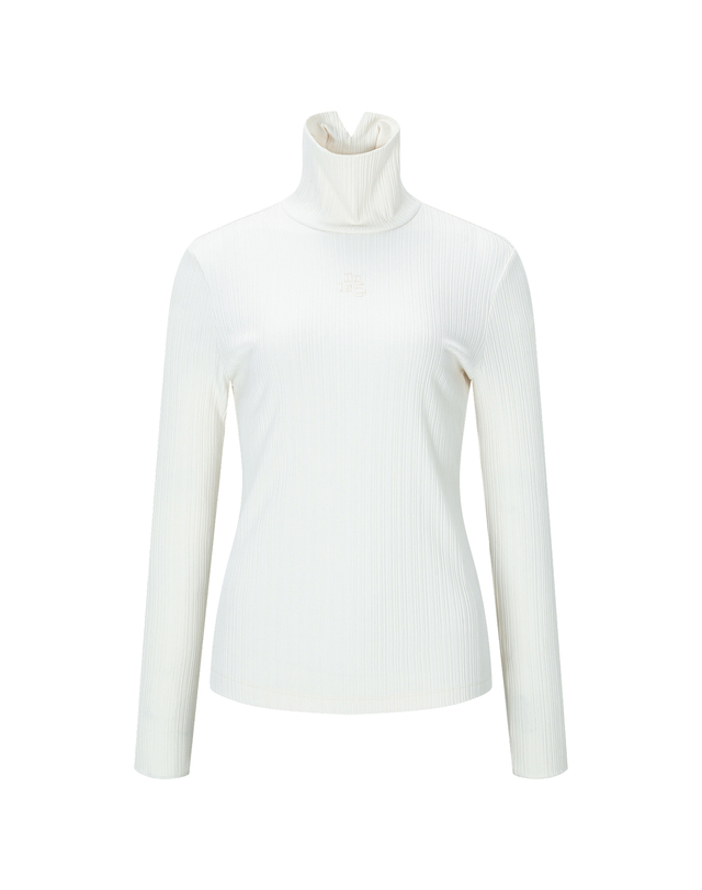 더블플래그 여성 [BEST][Soft Warm] 아이보리 여성 로고 포인트 하이넥 골지 티셔츠 착용컷