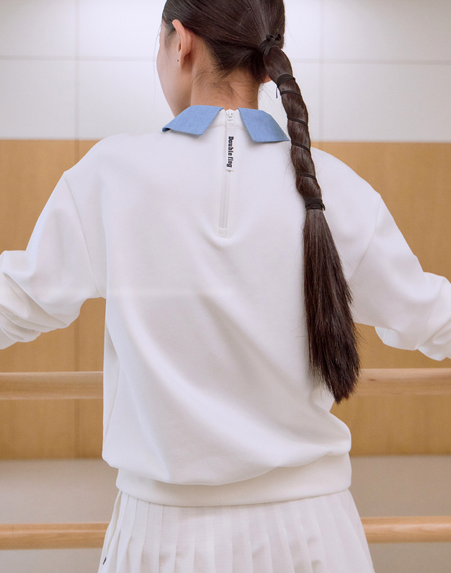 더블플래그 여성 [데님 레이어드] 아이보리 여성 2 IN 1 레이어드 긴팔 카라 티셔츠 착용컷