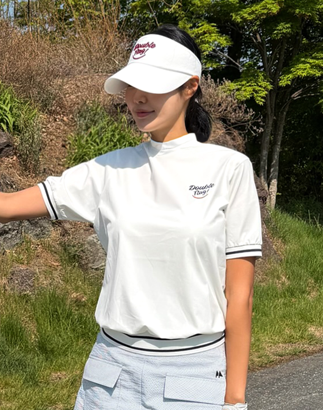 더블플래그 여성 [BEST][ICE터치] 아이보리 여성 스마일 그래픽 썬쉴드 모크넥 반팔티 착용컷