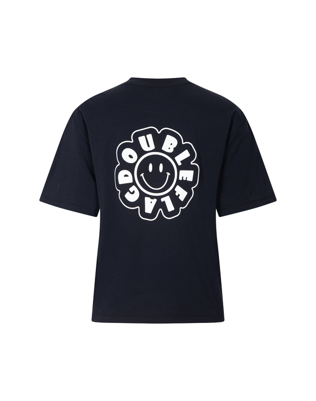 더블플래그 여성 [BEST][데일리 코디] 블랙 여성 스마일 그래픽 포인트 라운드 반팔티 착용컷