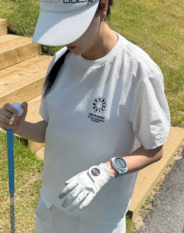 더블플래그 여성 [시어서커] 아이보리 여성 시어서커 반팔 라운드 오버핏 티셔츠 착용컷