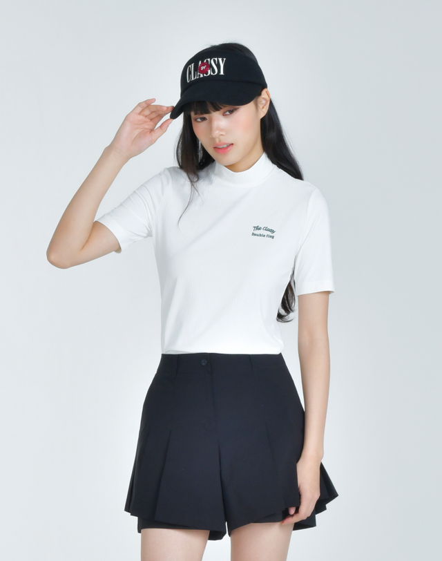 더블플래그 여성 [쇼핑백동봉][슬림핏] 아이보리 여성 스컬프트 립 하이넥 반팔티 착용컷