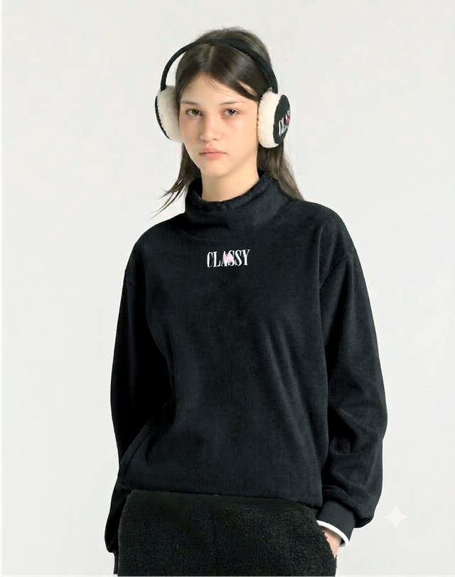 더블플래그 여성 [쇼핑백동봉][CORD WARM] 블랙 여성 웜 텐션 코듀로이 하이넥 티셔츠 착용컷