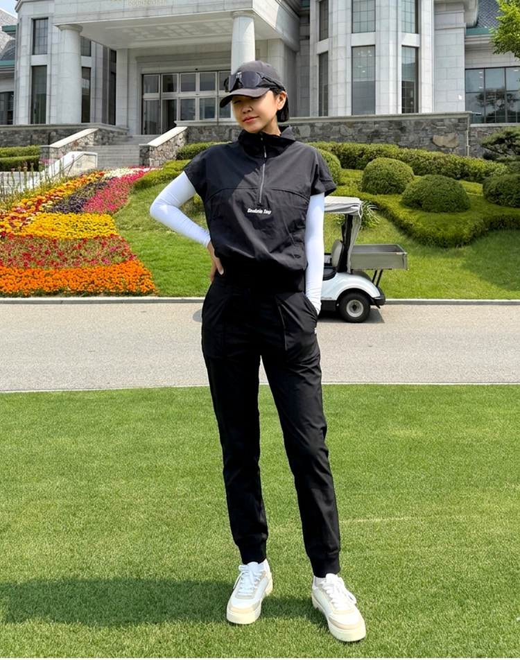 블랙 여성 스트레치 밴드 포인트 냉감 조거팬츠