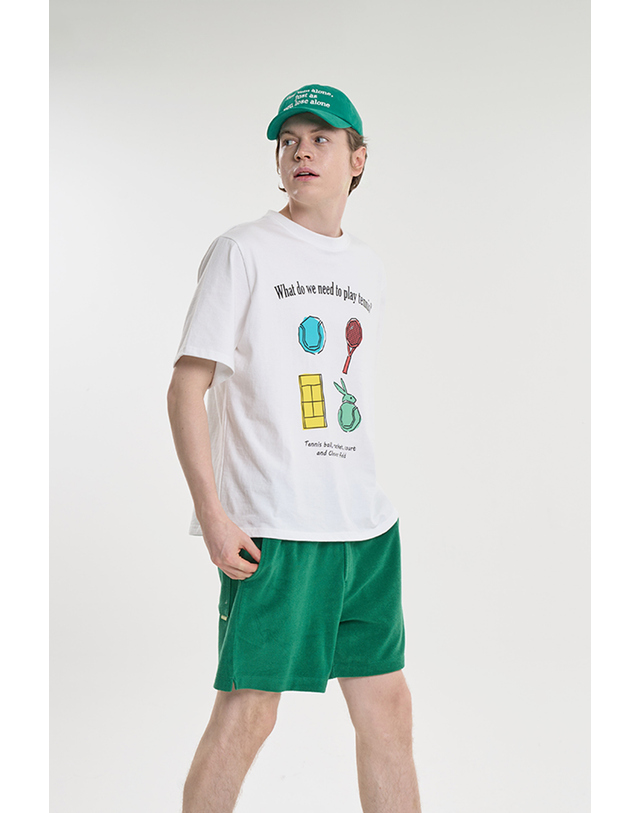 클레버필드 플레이 테니스 그래픽 오버핏 티셔츠 [화이트] 블랙 착용컷
