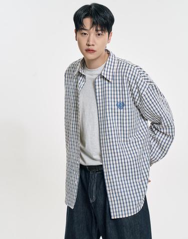 오버핏 체크 엠보 클래식 셔츠_블루