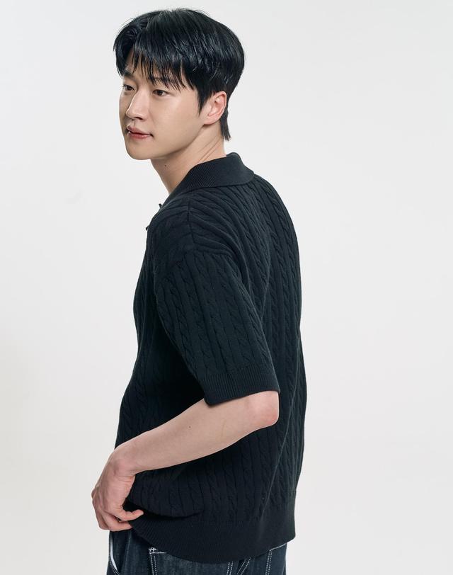 클레버필드 어반 코튼 케이블 카라 니트_블랙 착용컷
