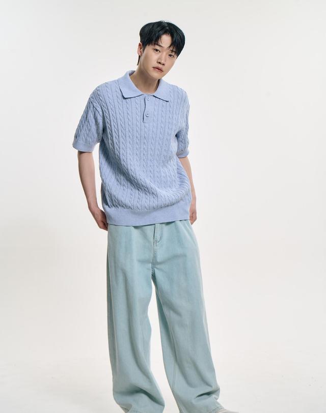클레버필드 어반 코튼 케이블 카라 니트_S블루 청록 착용컷