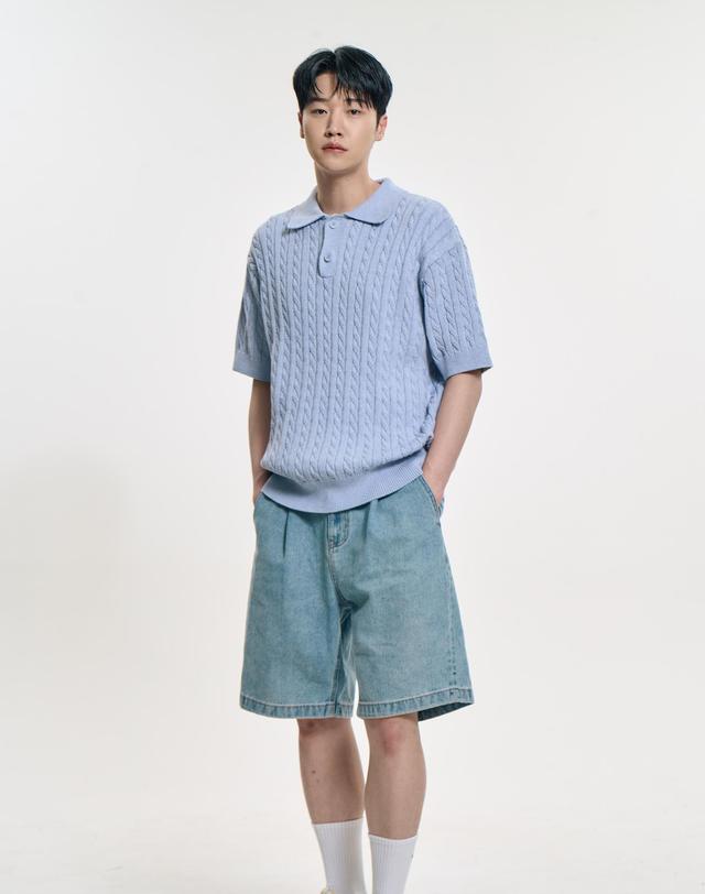 클레버필드 어반 코튼 케이블 카라 니트_S블루 청록 착용컷