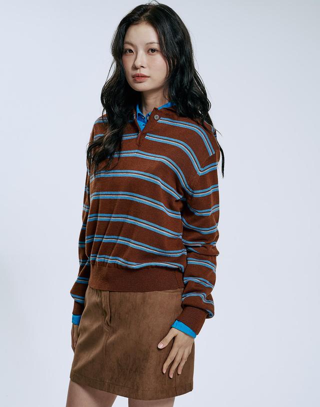 클레버필드 아카데미 스트라이프 카라니트_브라운 착용컷
