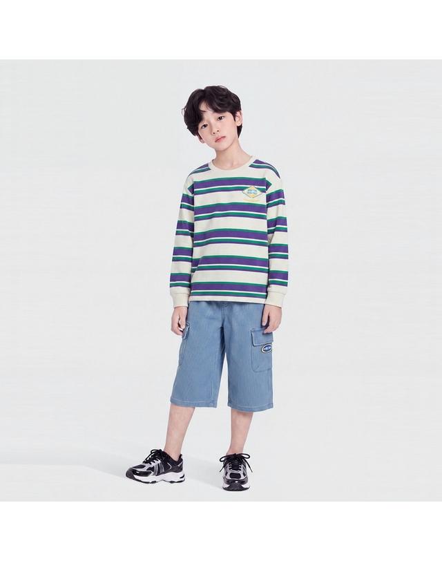 베네통키즈 [Online Exclusive] 스트라이프 티셔츠_QATS03641IV 착용컷