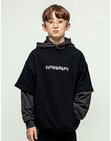 배색 레이어드 후드 티셔츠 Black