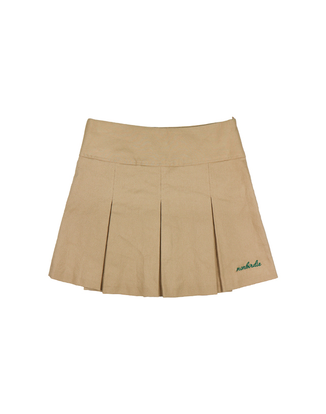 몽버디골프 SOFT TOUCH WARM PLEATS 소프트기모 자수 플리츠 스커트_D.BEIGE 착용컷