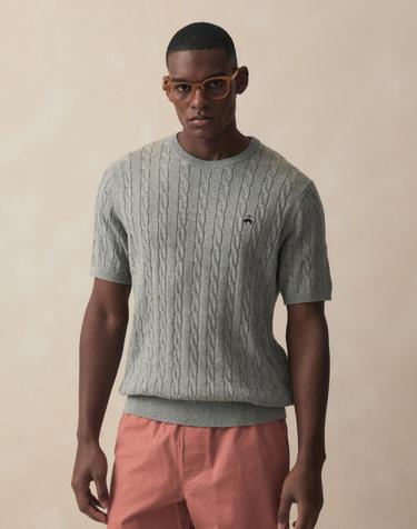 [Online Exclusive] 코튼 케이블 크루넥 반팔 스웨터 (그레이) (BBWRMO203AWFM)