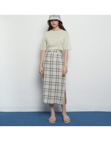 W327 check long skirts beige