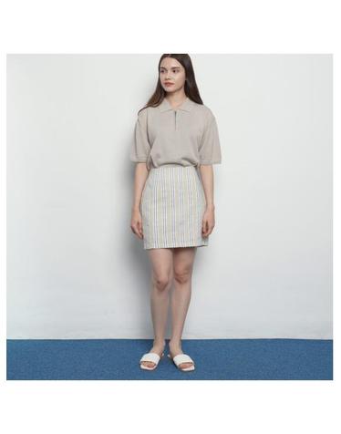 W327 linen stripe mini skirts beige