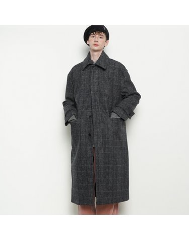 M69 wool check iong coat navy