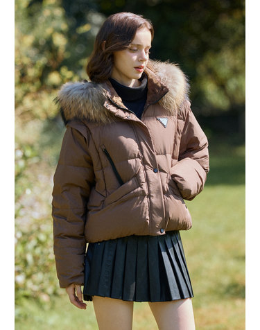 [챌린저] 여성 리얼폭스FUR 소매분리형 구스다운 자켓 코코아