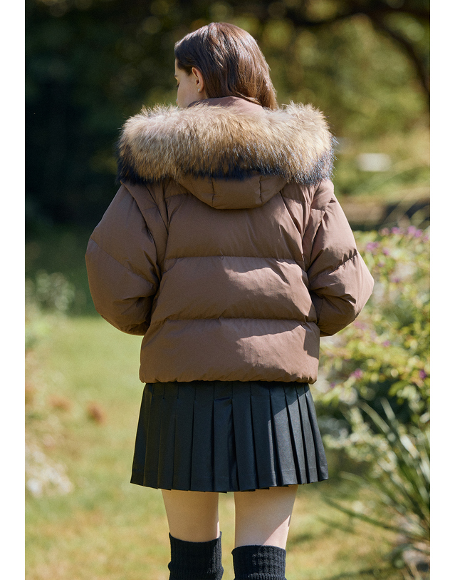 챌린저 [챌린저] 여성 리얼폭스FUR 소매분리형 구스다운 자켓 코코아 착용컷
