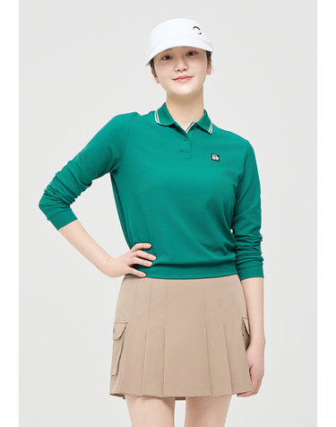 [챌린저] 여성 에센셜 배색 립 긴팔 카라 티셔츠 그린