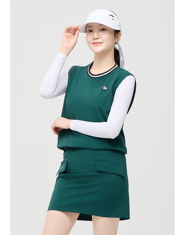 [온라인단독] [챌린저] 여성 에센셜 스트라이프 밑단 스트링 라운드 베스트 다크그린