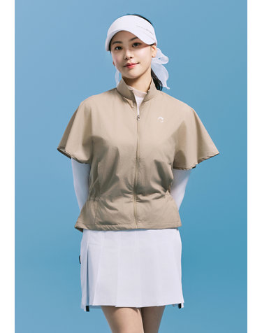 [챌린저] 여성 하이넥 케이프 반팔 허리 스트링 자켓 베이지