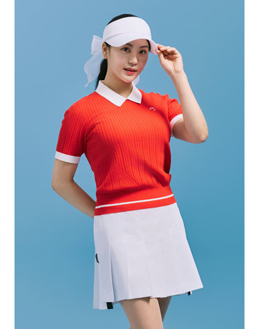 [온라인단독] [챌린저] 여성 믹스 조직 배색 카라 반팔 니트 풀오버 레드