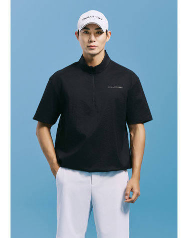 [온라인단독] [챌린저] 남성 크링클 나일론 스판 반집업 반팔 우븐탑 블랙