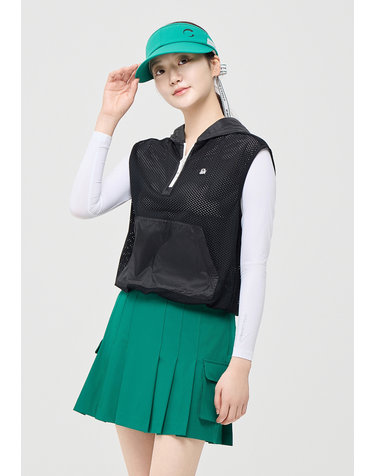 [온라인단독] [챌린저] 여성 메쉬 우븐 믹스 하프집업 후드 베스트 블랙