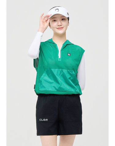 [온라인단독] [챌린저] 여성 메쉬 우븐 믹스 하프집업 후드 베스트 그린
