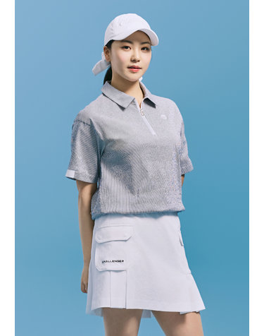 [온라인단독] [챌린저] 여성 시어서커 밑단 스트링 카라 우븐탑 네이비