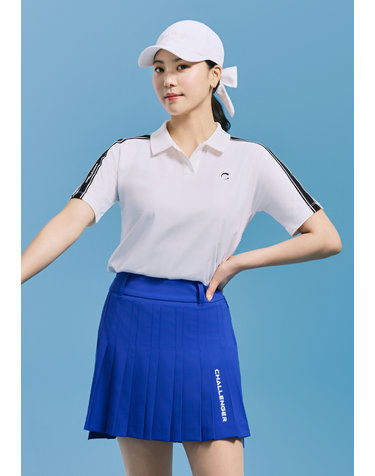 [온라인단독] [챌린저] 여성 트리코트 배색 디테일 오픈 카라 반팔티 화이트