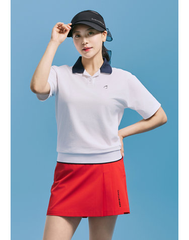 [챌린저] 여성 PQ소재 배색 오픈 카라 반팔 티셔츠 화이트