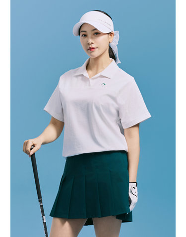 [챌린저] 여성 에어리 스트레치 오픈 카라 반팔 우븐탑 화이트