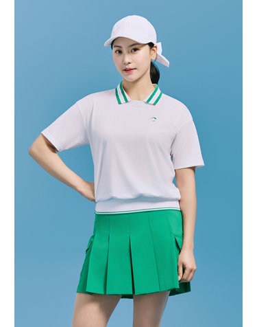 [챌린저] 여성 쿨 터치 배색 립 디테일 카라 반팔 티셔츠 화이트