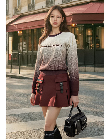 여성 투톤 배색 그라데이션 니트 풀오버 버건디