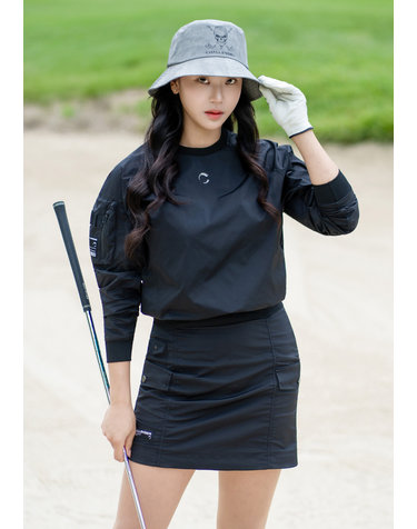 여성 어반 셔링소매 아웃포켓 라운드 우븐탑 블랙
