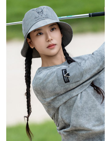 유니 무아레 스컬 포인트 스트링 버킷햇 그레이