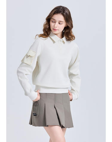 여성 우븐포켓 카라넥 긴팔 기모 티셔츠 크림