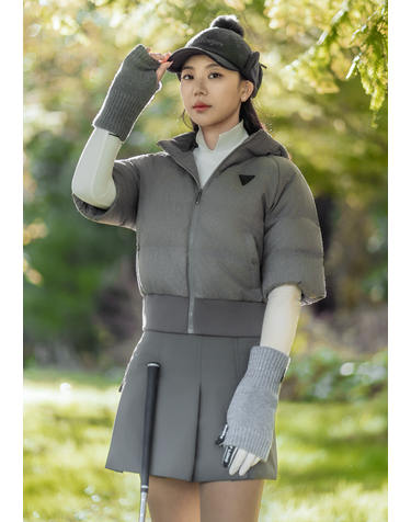 여성 후드 탈부착 멜란지 반팔 다운 자켓 카키베이지