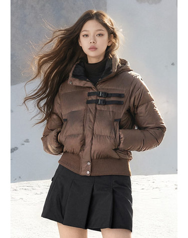 여성 후드 탈부착 글로시 푸퍼 패딩 자켓 브라운