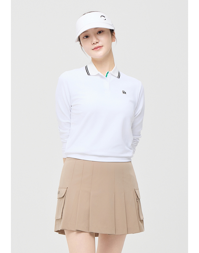 챌린저 [챌린저] 여성 에센셜 배색 립 긴팔 카라 티셔츠 화이트 착용컷