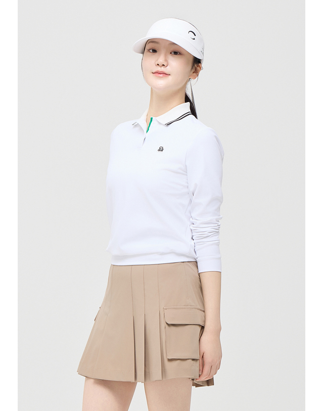 챌린저 [챌린저] 여성 에센셜 배색 립 긴팔 카라 티셔츠 화이트 착용컷