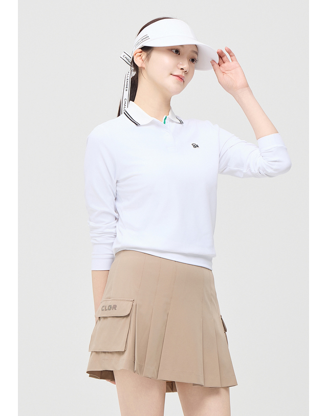 챌린저 [챌린저] 여성 에센셜 배색 립 긴팔 카라 티셔츠 화이트 착용컷