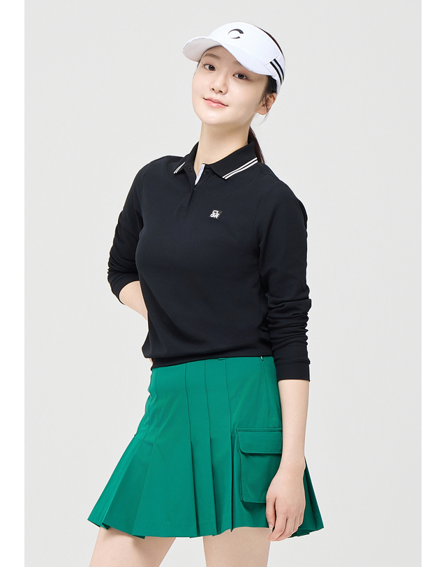 챌린저 [챌린저] 여성 에센셜 배색 립 긴팔 카라 티셔츠 블랙 착용컷