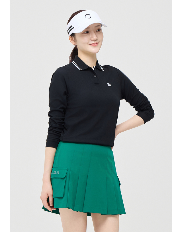 챌린저 [챌린저] 여성 에센셜 배색 립 긴팔 카라 티셔츠 블랙 착용컷