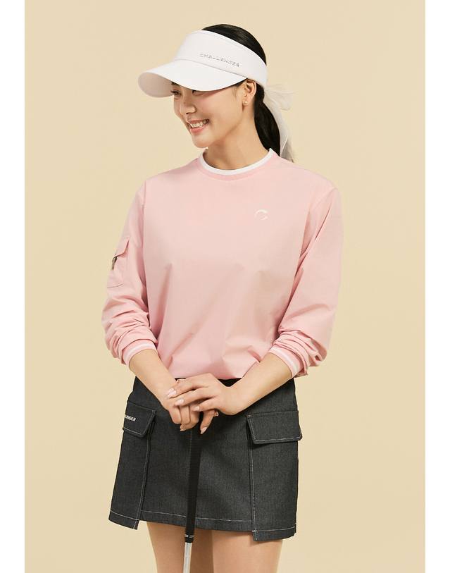 챌린저 [챌린저] 여성 경량 스트레치 소매 포켓 라운드넥 우븐탑 핑크 착용컷